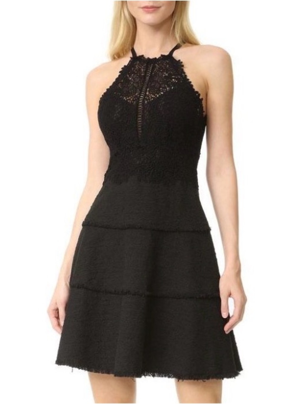 Rebecca Taylor Lace Tweed Black Crochet Lace Fit-and-Flare Mini Dress Sz 0